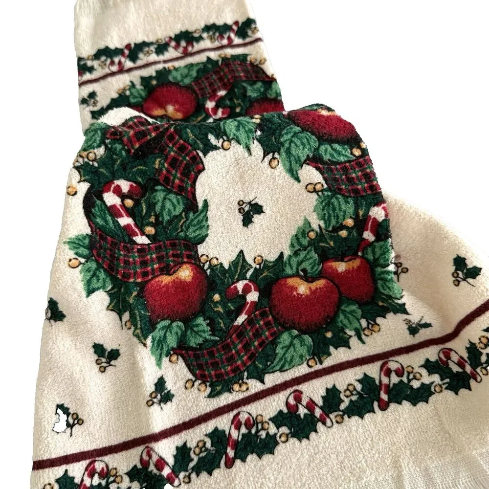 Vtg Cecil Saydah Christmas 2pc Kitchen Towels Dish Wreath Apples Cotton Xmas NWT